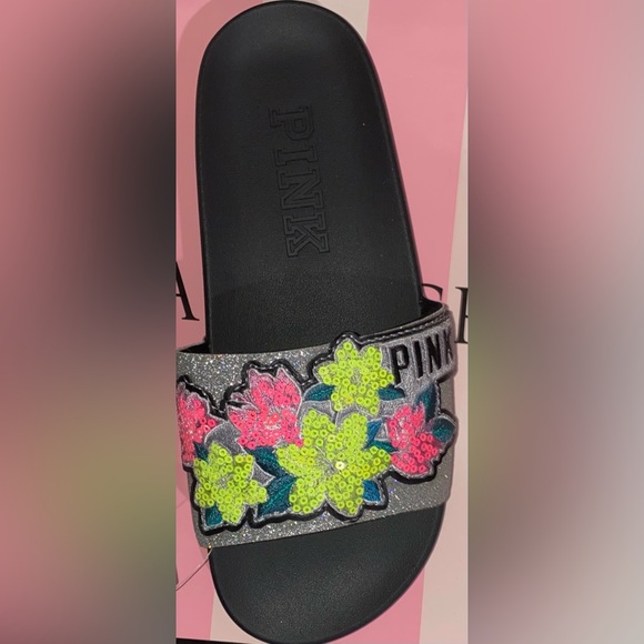 New Victoria’s Secret PINK slides pink flip flops pink sandals pink bling floral - Picture 1 of 8
